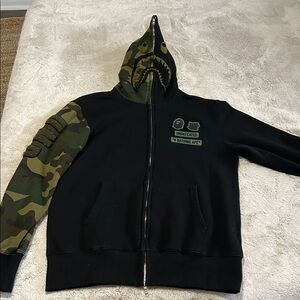 Bathing Ape Black Zip-Up Hoodie with Camo Sleeve